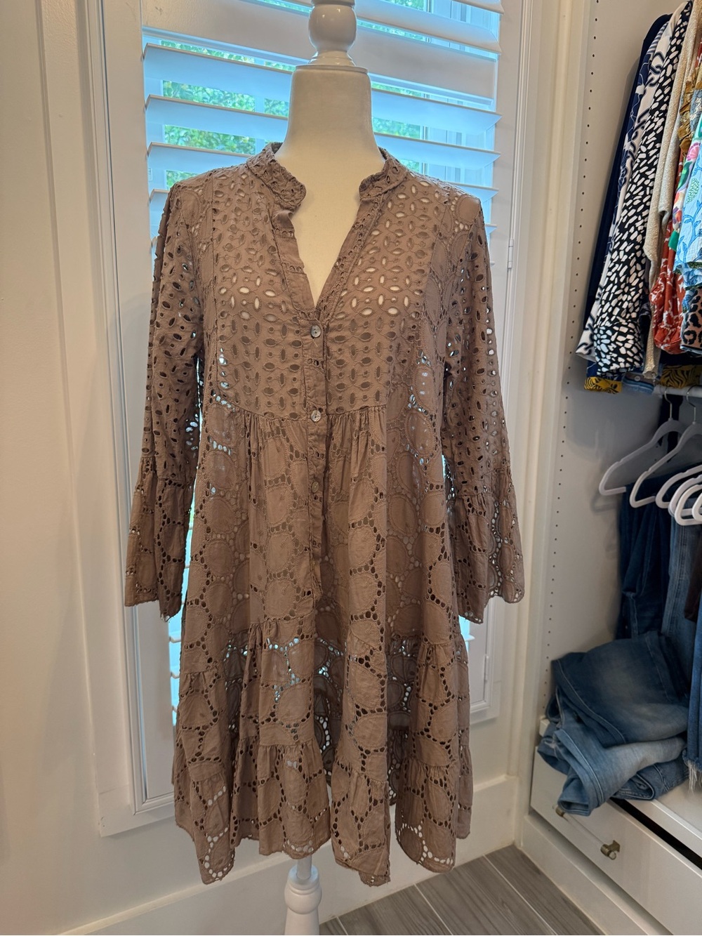 Three Star 100% Cotton Eyelet Embroidered Boho Dress Bell Sleeve Size Small